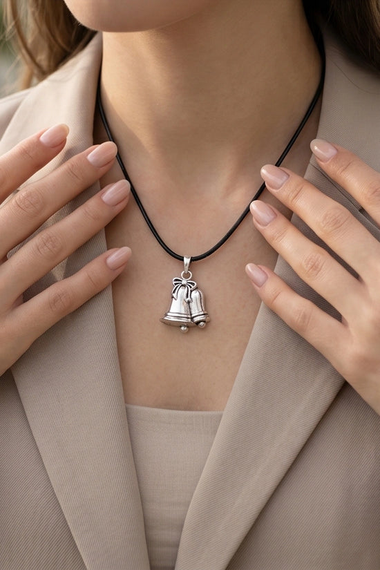 Silver Double Bells Ribbon Pendant Necklace