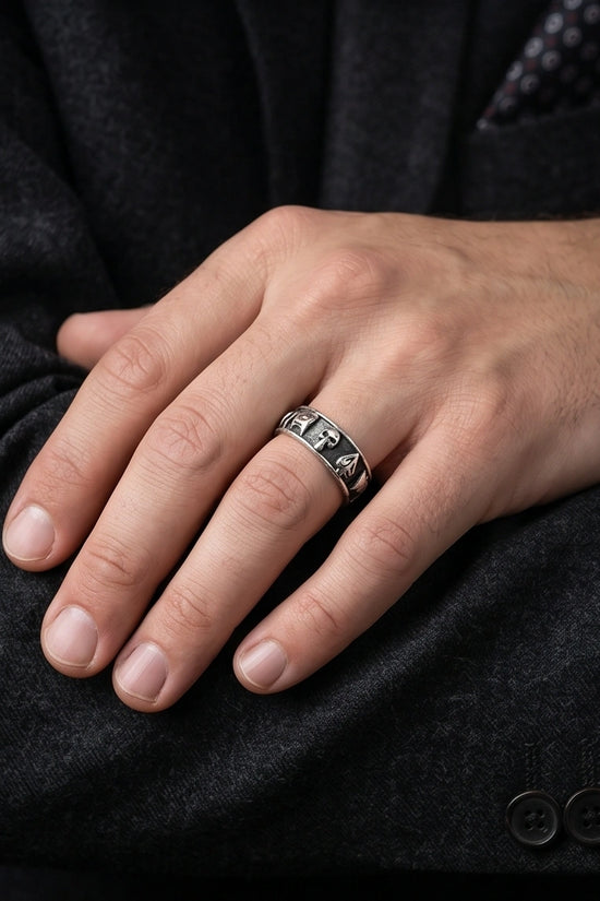 Gothic Sterling Silver Skull and Card Suits Band Ring