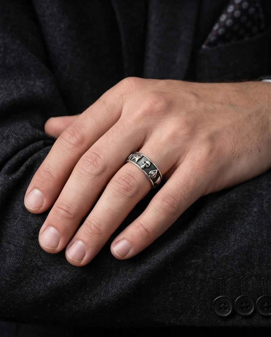 Gothic Sterling Silver Skull and Card Suits Band Ring