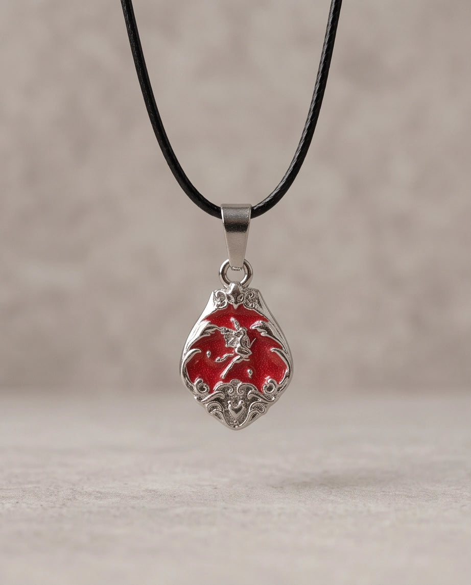 Silver Vintage Cherub Red Enamel Teardrop Pendant Necklace