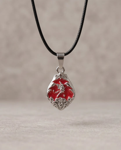 Silver Vintage Cherub Red Enamel Teardrop Pendant Necklace