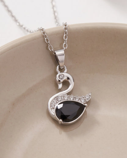Silver Black Crystal Swan Pendant Necklace
