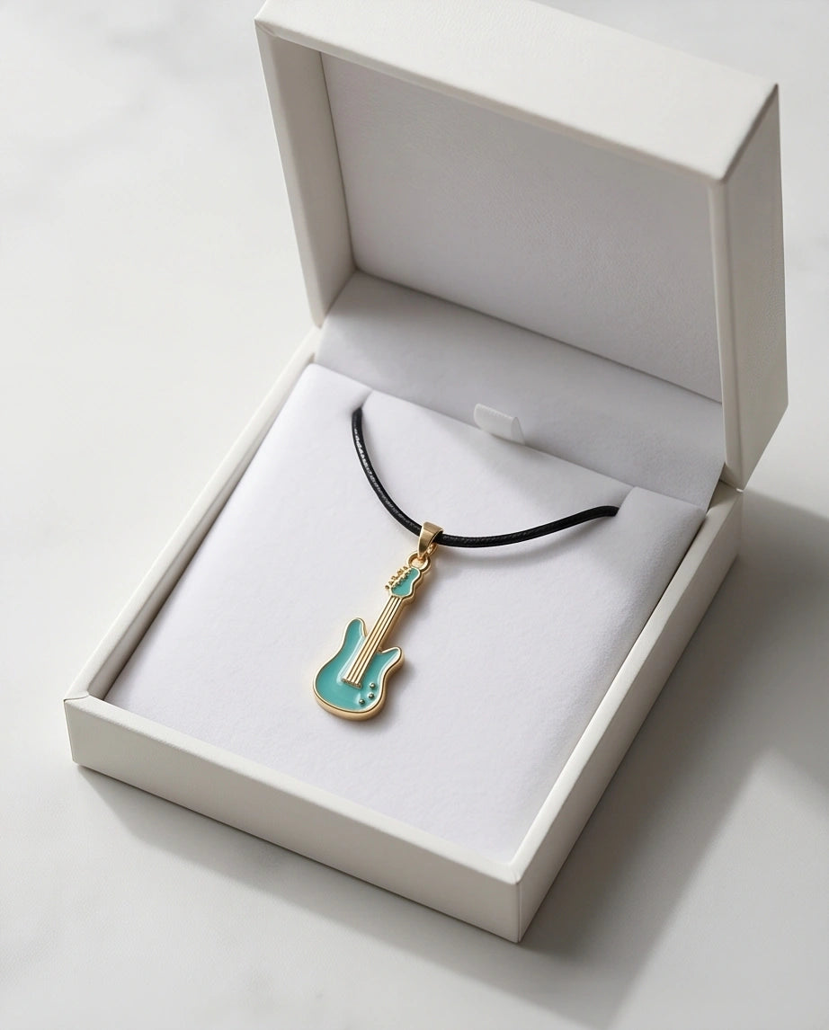 Gold and Turquoise Enamel Electric Guitar Necklace