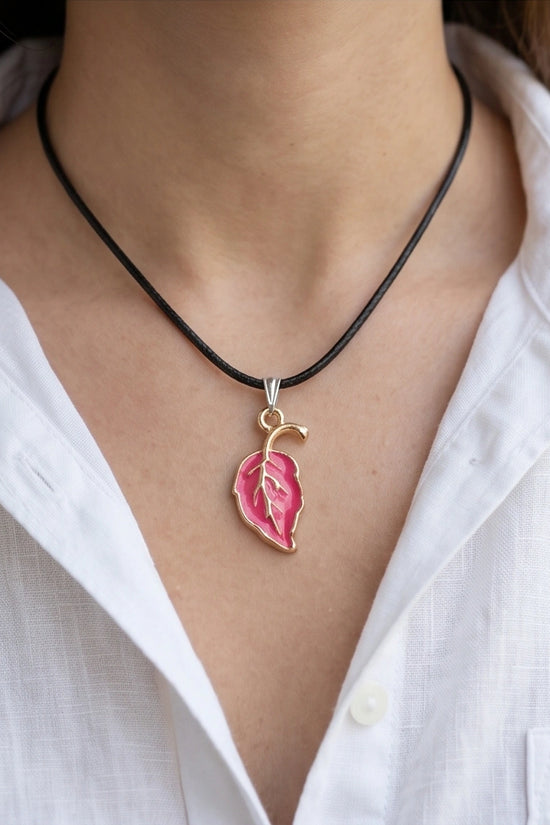 Gold and Pink Leaf Pendant Necklace