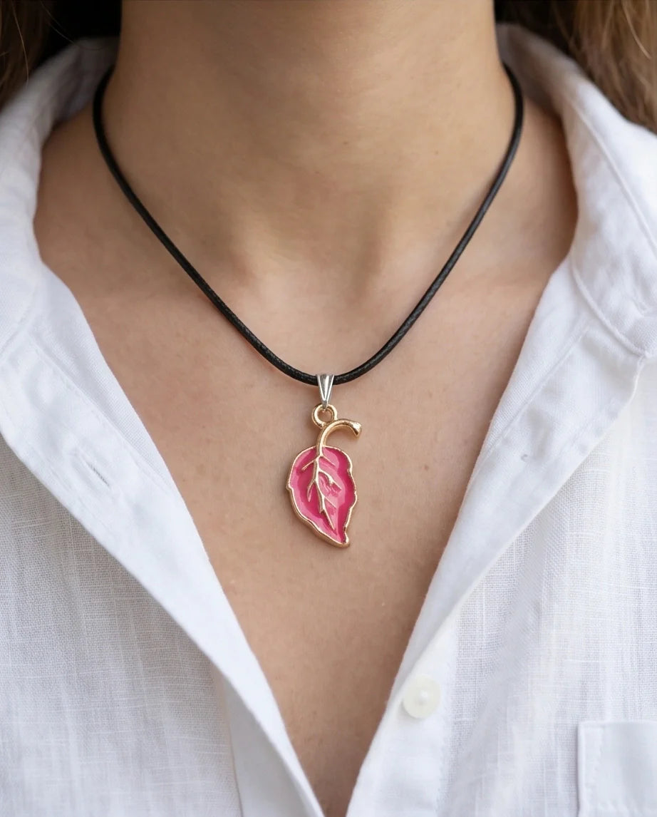 Gold and Pink Leaf Pendant Necklace