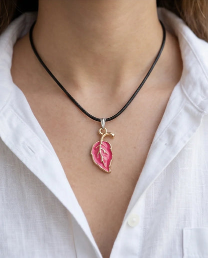 Gold and Pink Leaf Pendant Necklace
