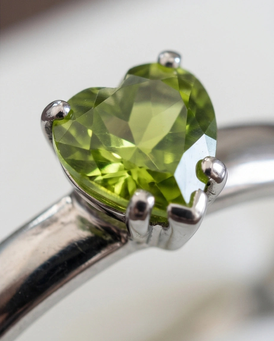 Sterling Silver Heart-Cut Peridot Green Solitaire Ring