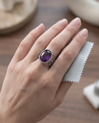 Violet Gemstone Beaded Frame Filigree Silver Ring