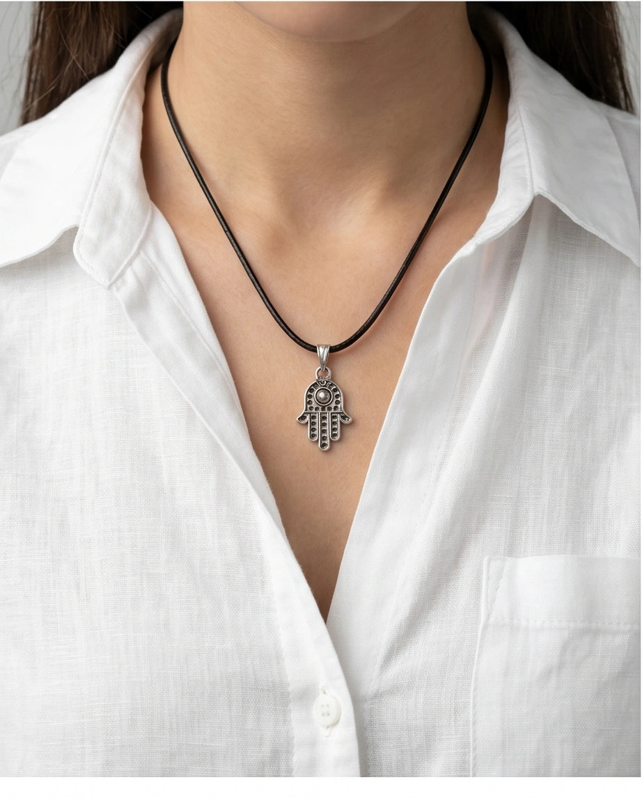 Silver Retro Hamsa Hand Necklace