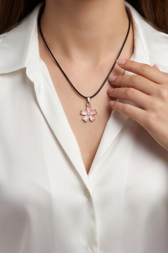 Pink Cherry Blossom Enamel Pendant Necklace with Crystal Accent