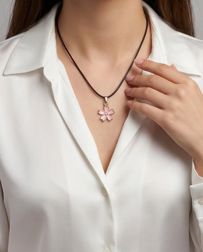 Pink Cherry Blossom Enamel Pendant Necklace with Crystal Accent