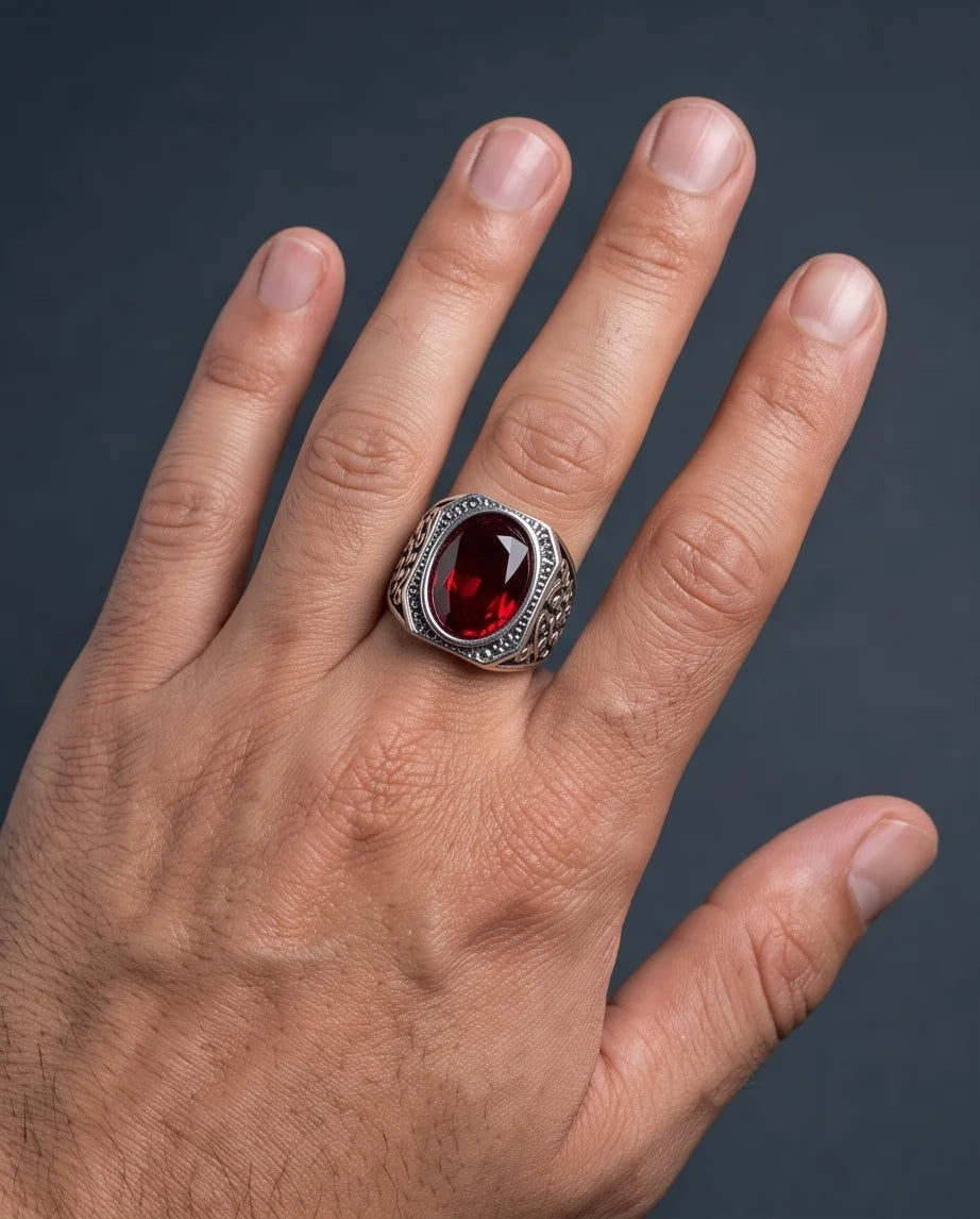 Crimson Gemstone Octagonal Bezel Scrollwork Silver Ring