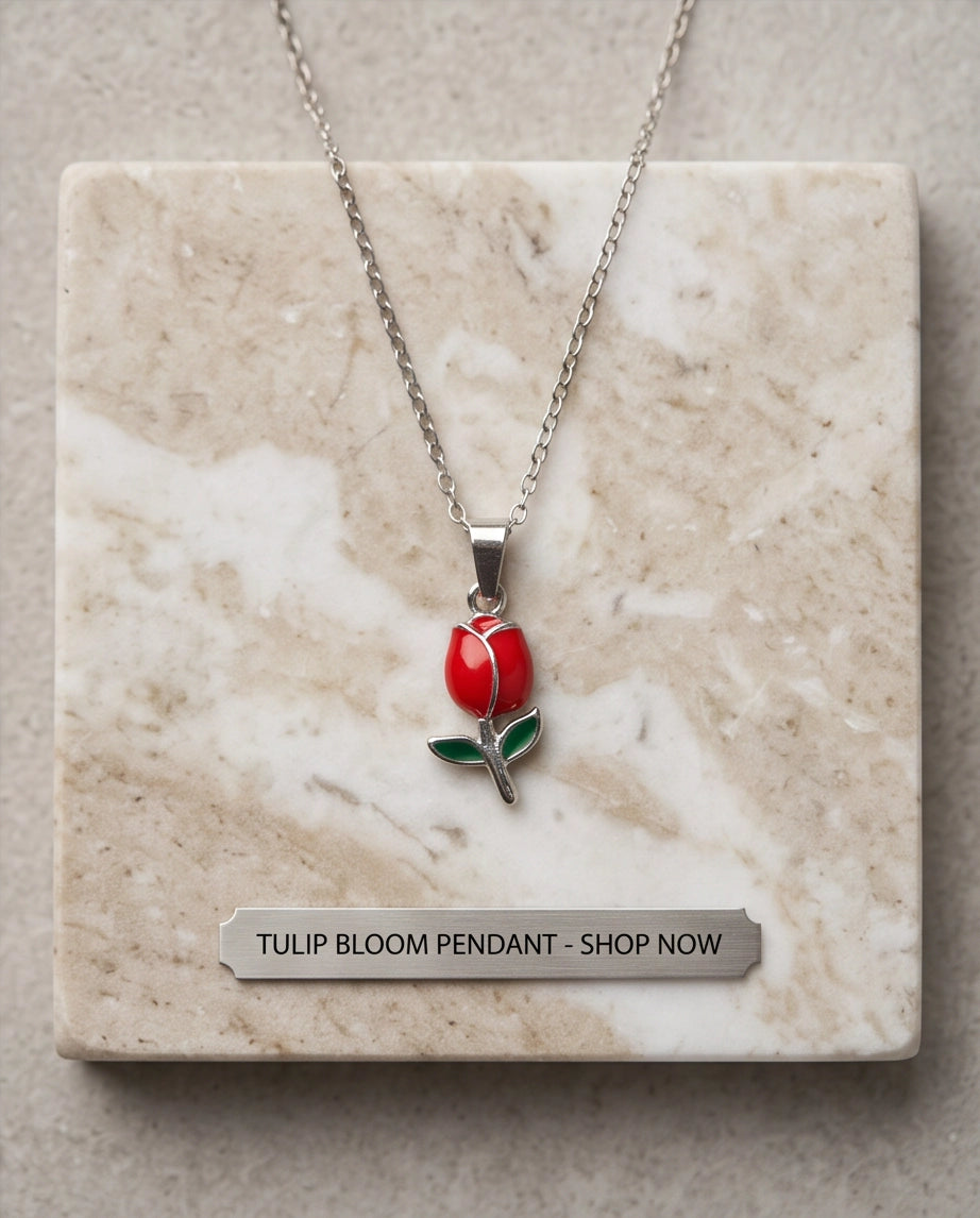Silver Red Enamel Tulip Pendant Necklace