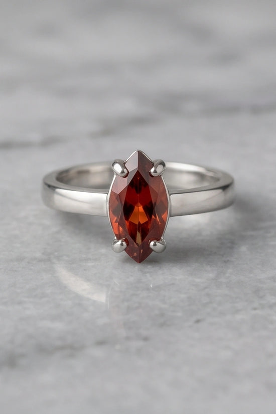 Sterling Silver Marquise-Cut Amber Carnelian Solitaire Ring