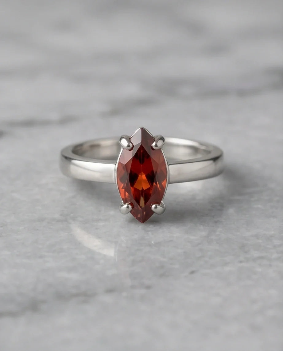 Sterling Silver Marquise-Cut Amber Carnelian Solitaire Ring