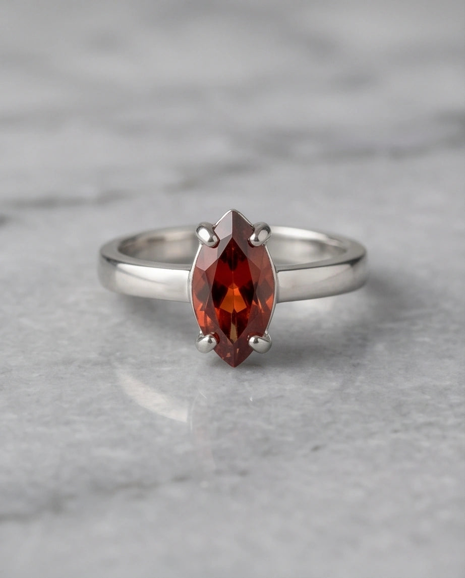 Sterling Silver Marquise-Cut Amber Carnelian Solitaire Ring