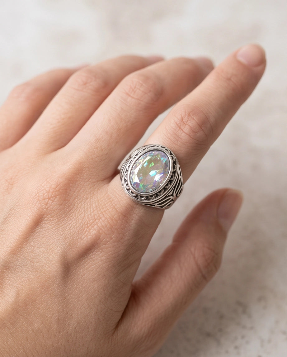 Mystic Rainbow Iridescent Oval-Cut Gemstone Ornate Bezel Silver Ring