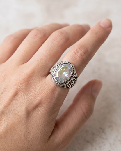 Mystic Rainbow Iridescent Oval-Cut Gemstone Ornate Bezel Silver Ring