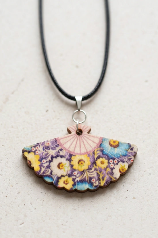 Vintage Blue & Yellow Floral Hand-Fan Pendant Necklace