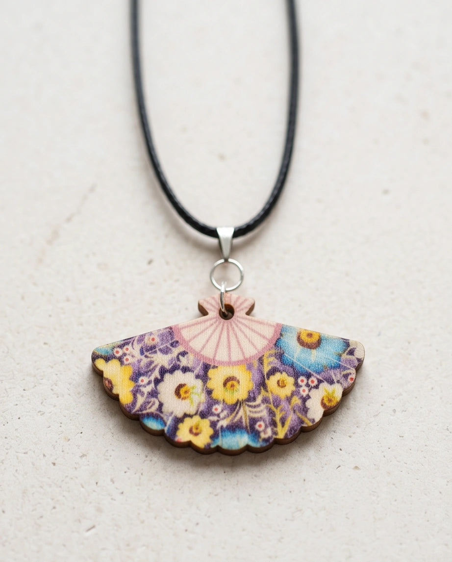 Vintage Blue & Yellow Floral Hand-Fan Pendant Necklace