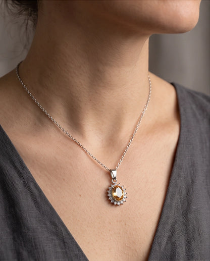 Silver Citrine Yellow Oval Halo Medallion Pendant Necklace