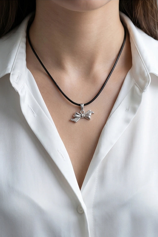 Silver Retro Ribbon Bow Necklace