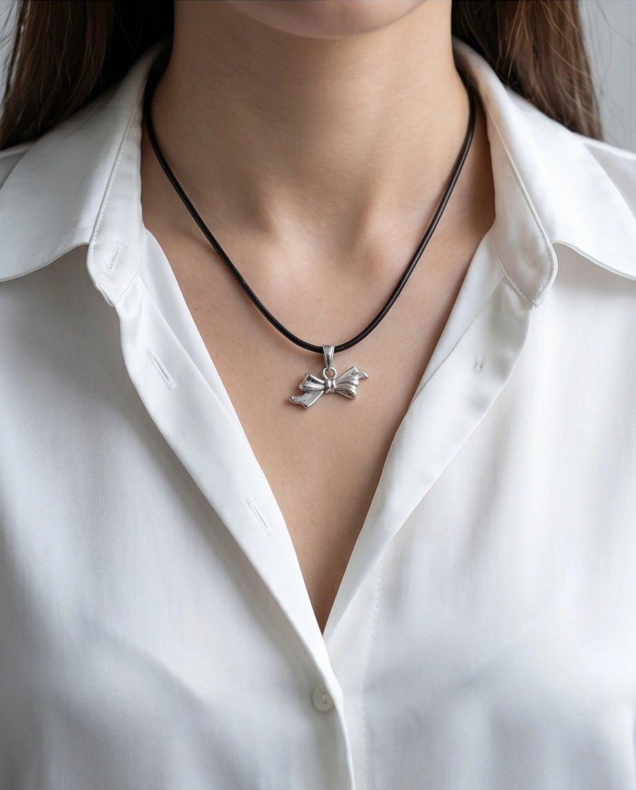 Silver Retro Ribbon Bow Necklace