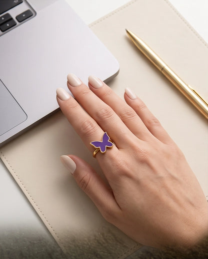 Gold Purple Butterfly Enamel Ring
