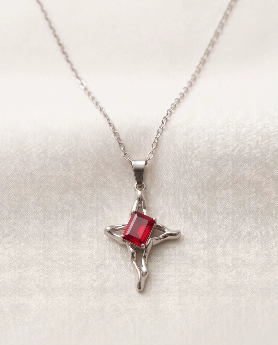 Silver Red Gemstone Gothic Cross Pendant Necklace