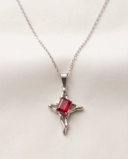 Silver Red Gemstone Gothic Cross Pendant Necklace