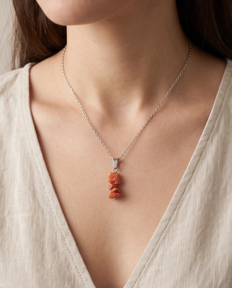 Silver Stacked Raw Red Agate Chip Stone Pendant Necklace