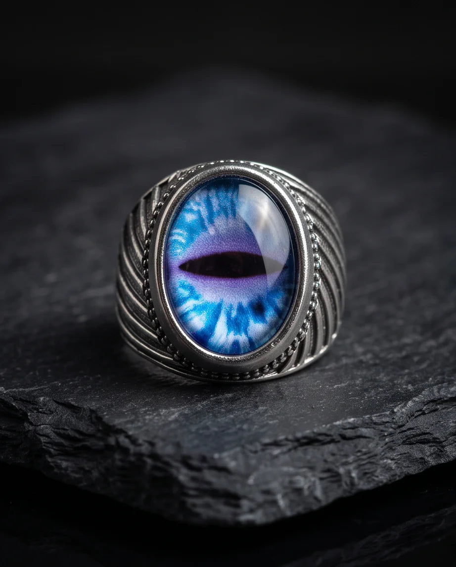Sapphire Frost Slit-Pupil Beaded Silver Ring