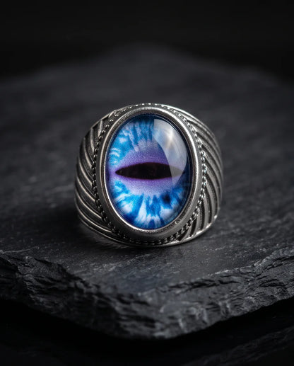 Sapphire Frost Slit-Pupil Beaded Silver Ring
