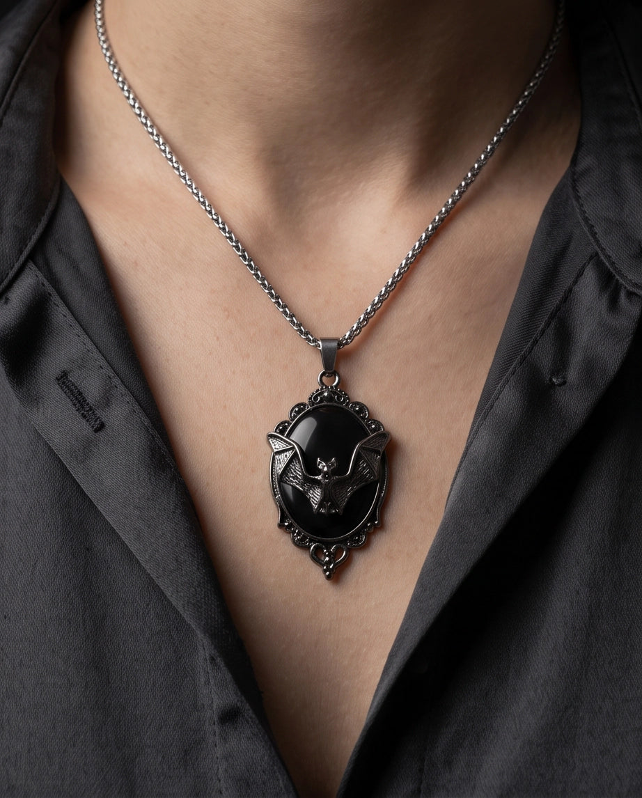 Antique Silver Gothic Bat Black Enamel Medallion Chain Necklace