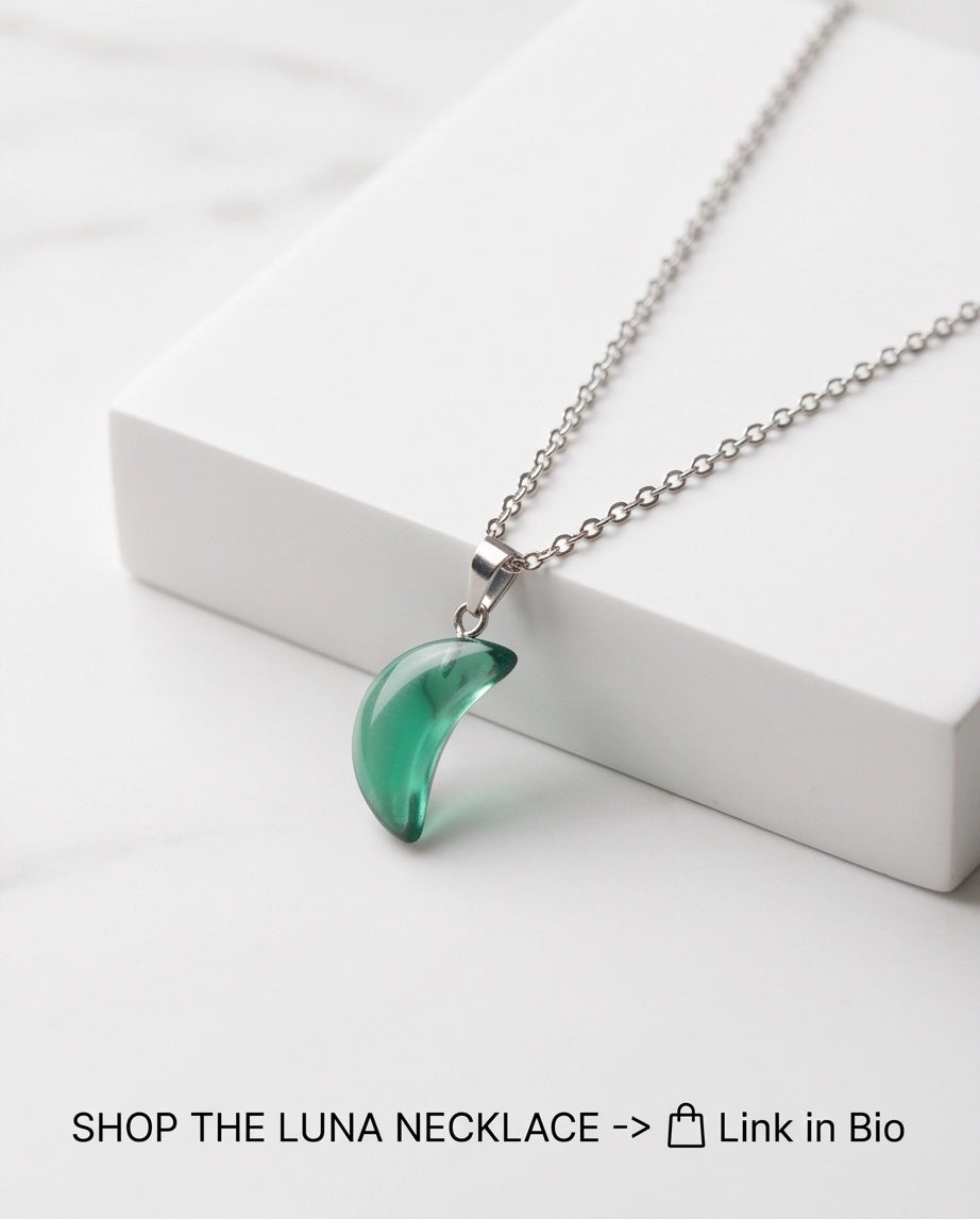 Silver Emerald Green Crescent Moon Pendant Necklace