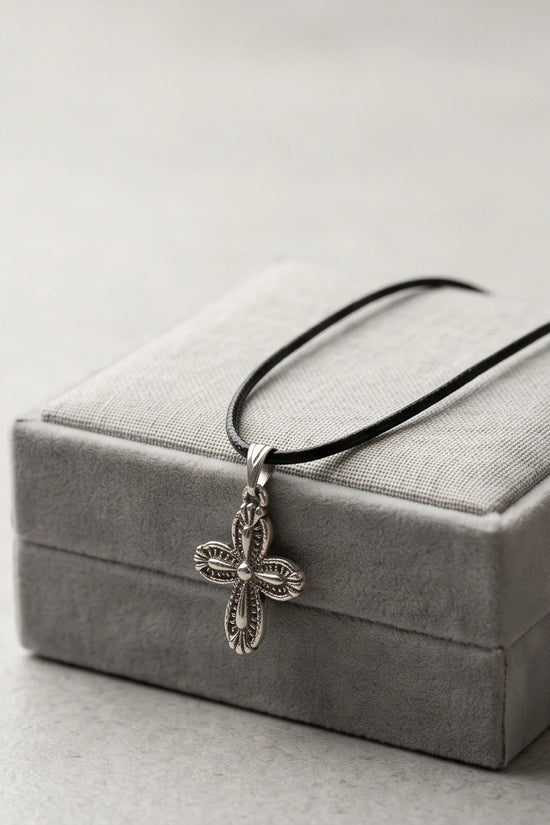 Silver Textured Petal Cross Necklace