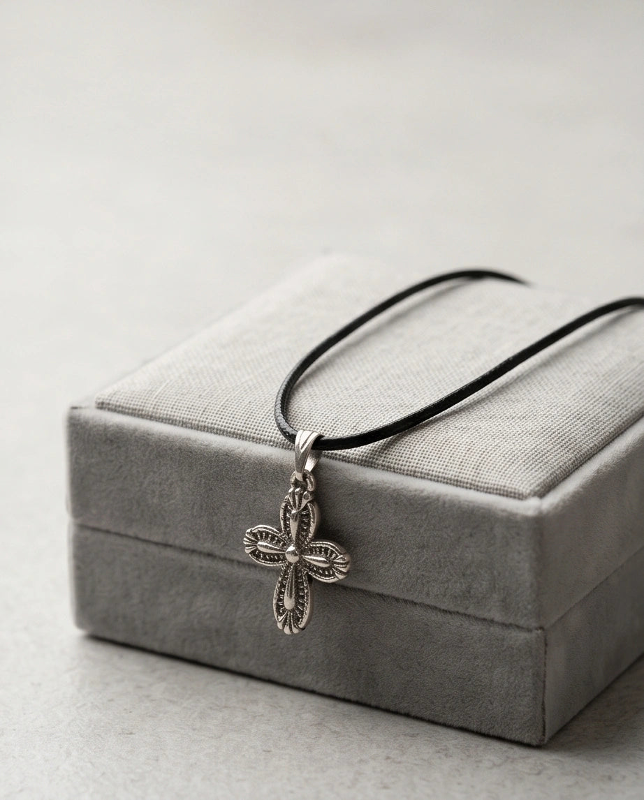 Silver Textured Petal Cross Necklace
