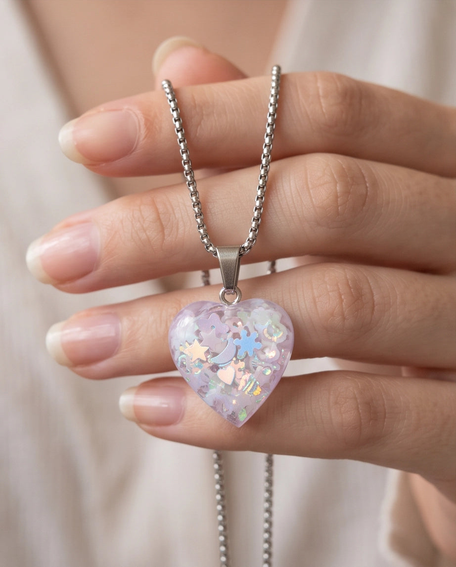 Silver Lavender Glitter Heart Resin Pendant Necklace