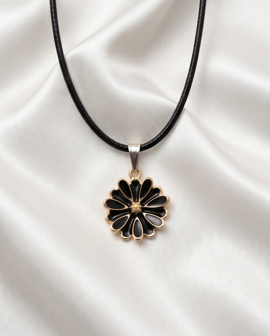 Gold and Black Sunflower Pendant Necklace