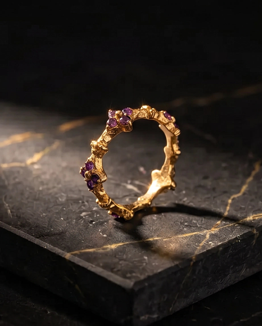 Gold Textured Floral Purple Gemstone Eternity Ring