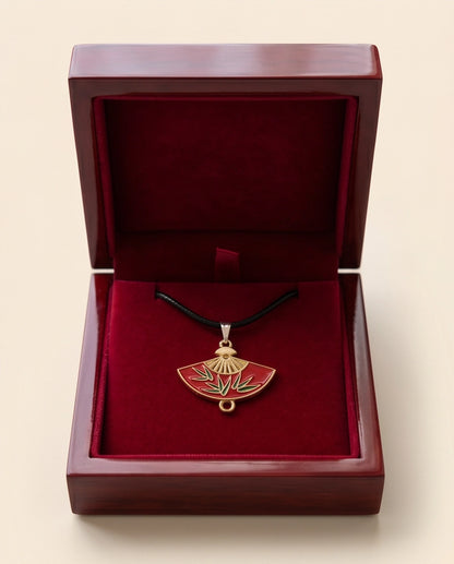 Crimson Bamboo Fan Pendant Necklace