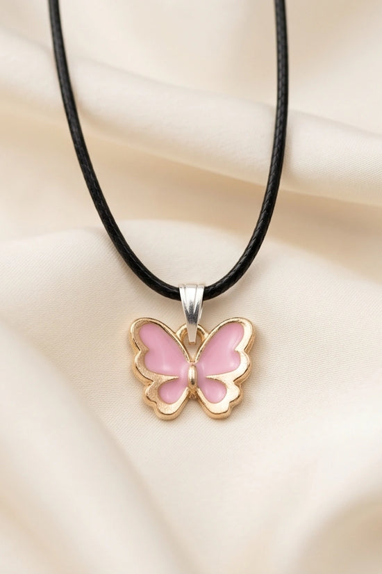 Pink Butterfly Enamel Pendant Necklace