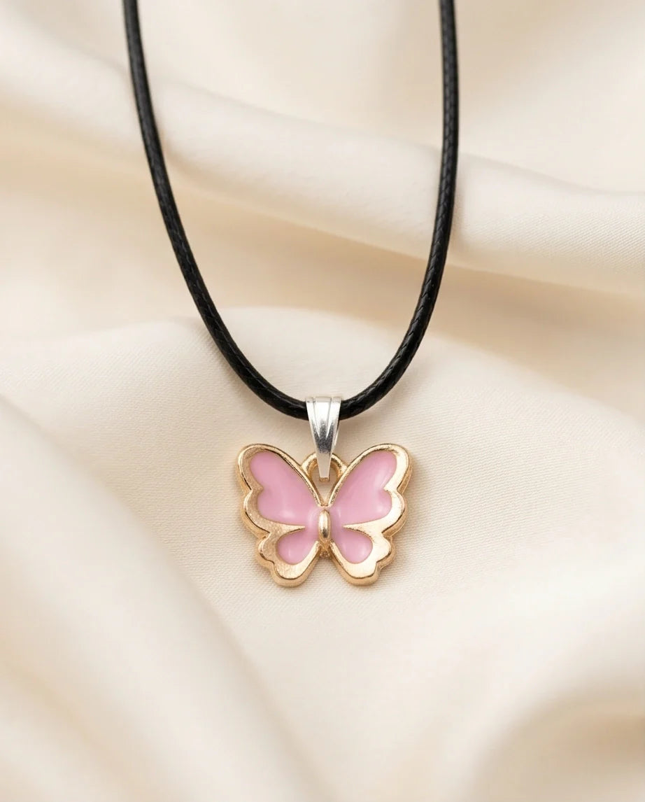Pink Butterfly Enamel Pendant Necklace