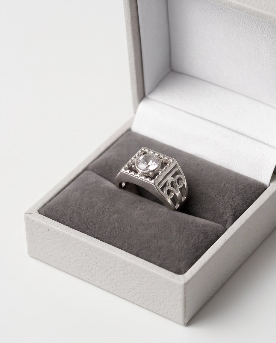 Clear Gemstone Square Sawtooth Bezel Filigree Cutout Silver Ring