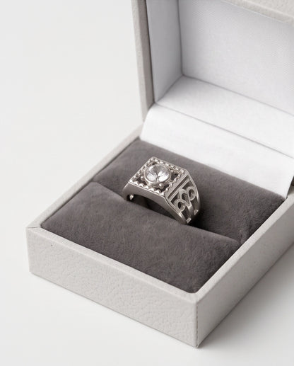Clear Gemstone Square Sawtooth Bezel Filigree Cutout Silver Ring