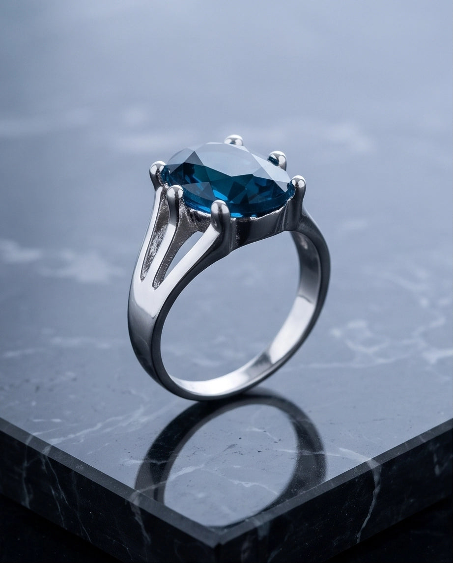Silver Oval Sapphire Gemstone Solitaire Ring