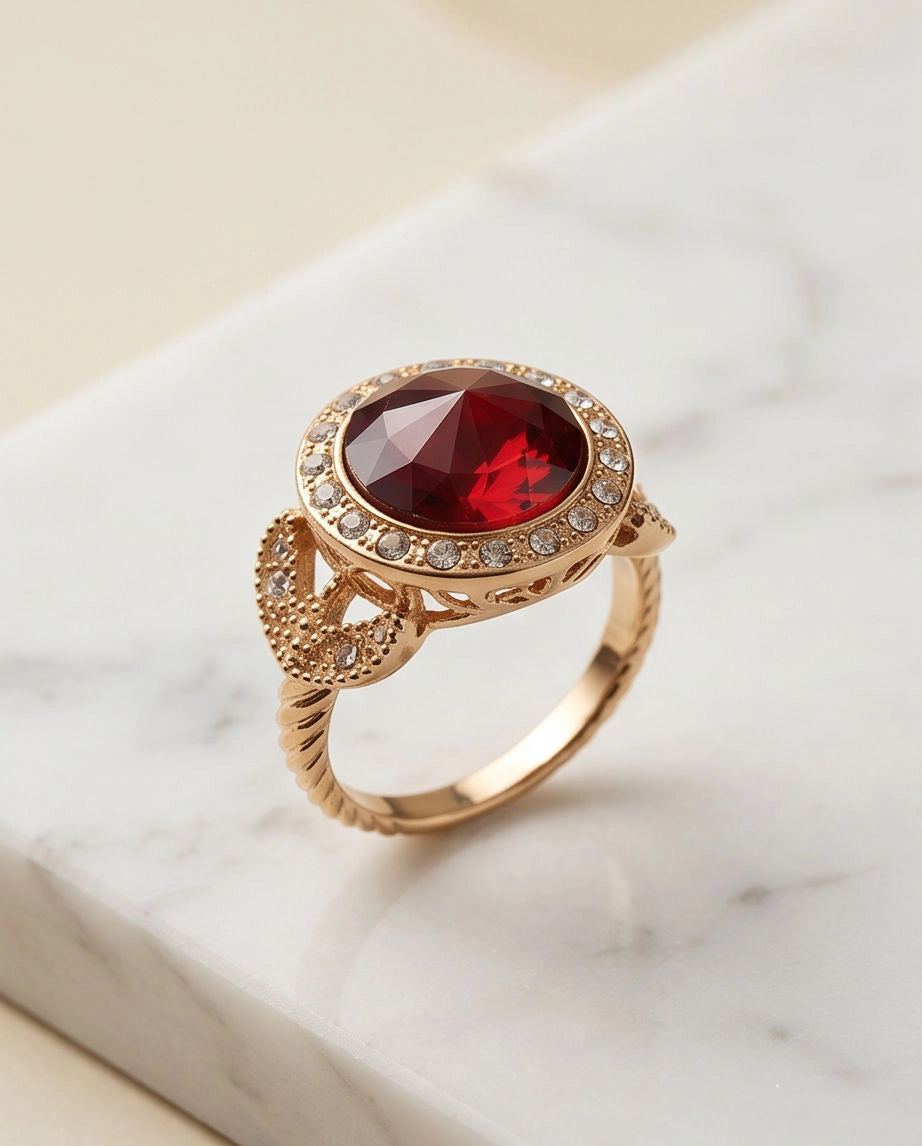 Gold Crimson Garnet Halo Vintage Ring