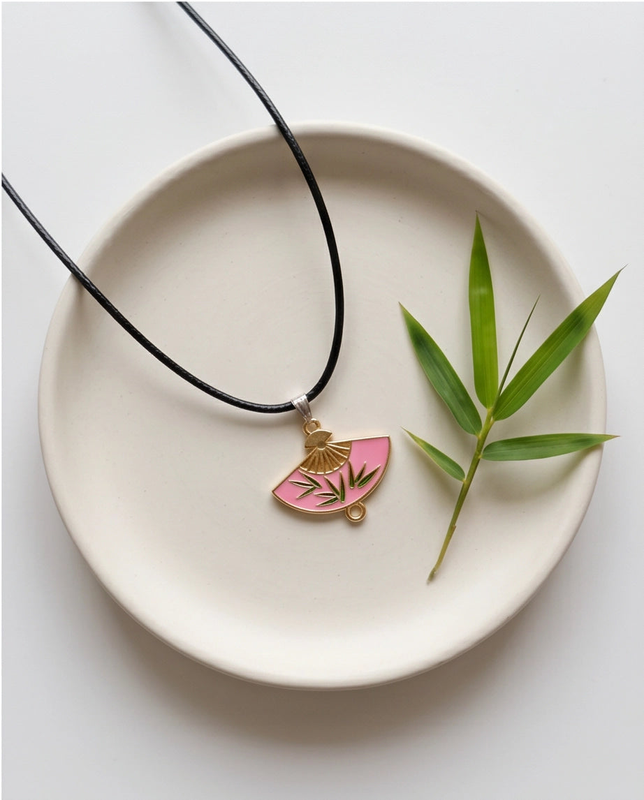 Pink Enamel Bamboo Fan Pendant Necklace