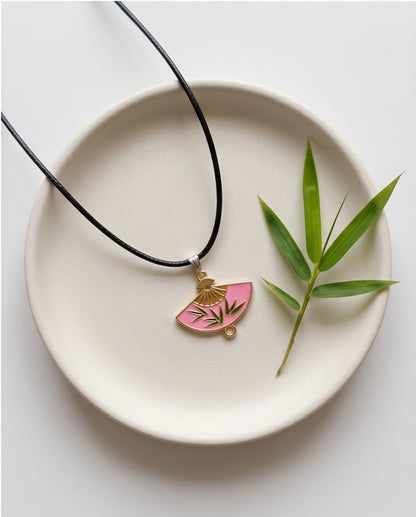 Pink Enamel Bamboo Fan Pendant Necklace