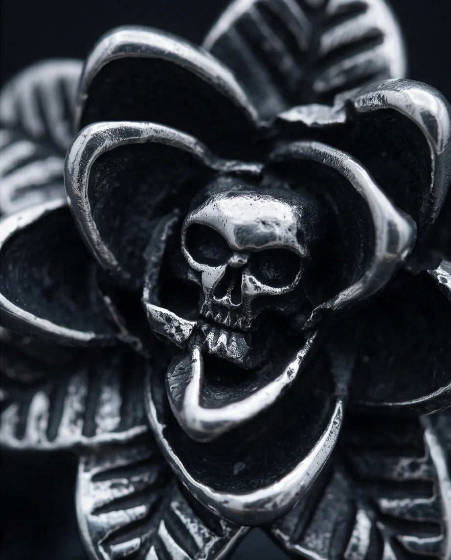 Gothic Sterling Silver Skull Rose Ring